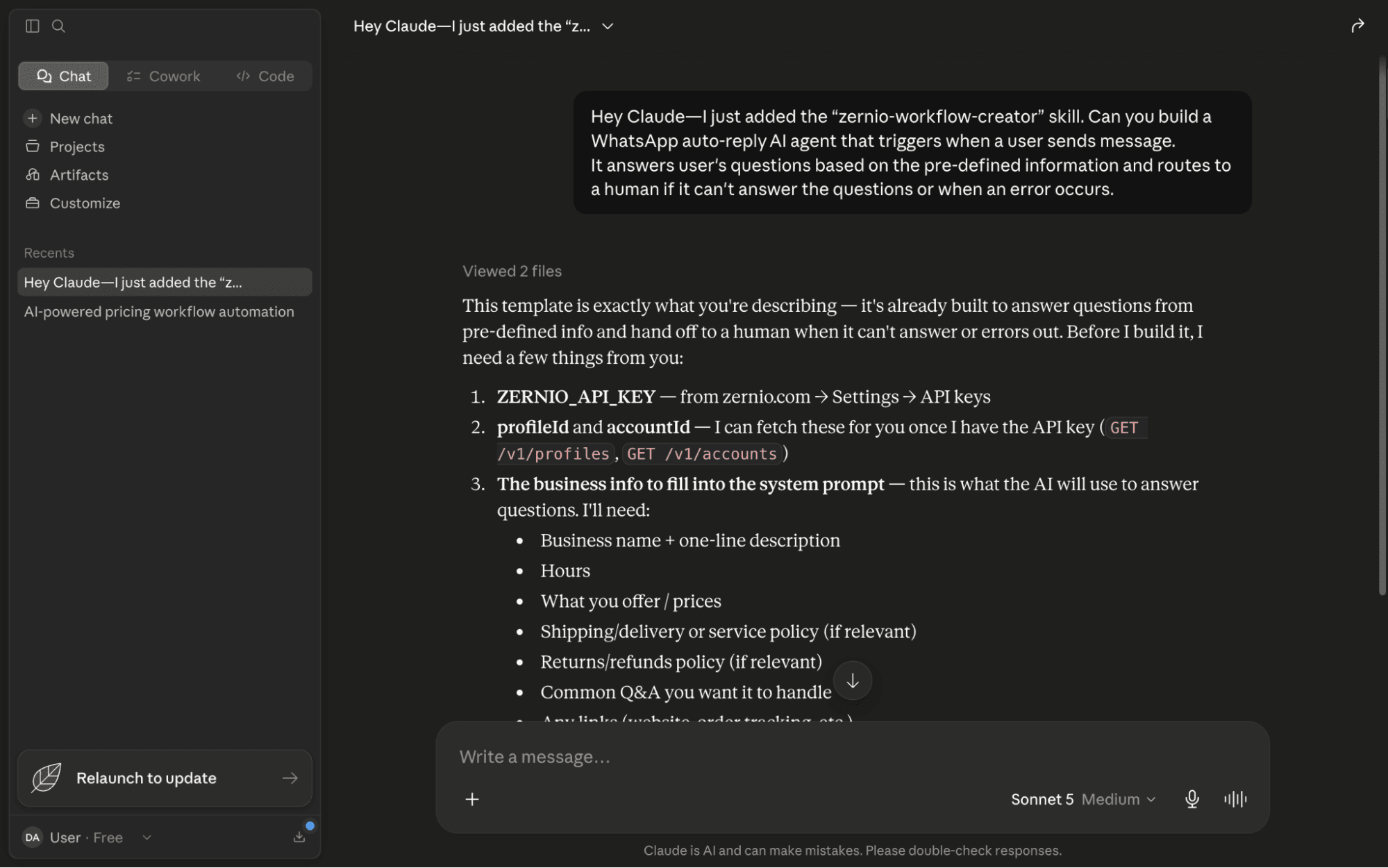 whatsapp workflow creation with claude and zernio